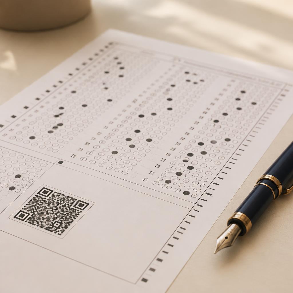 Filled bubble answer sheet with QR code
